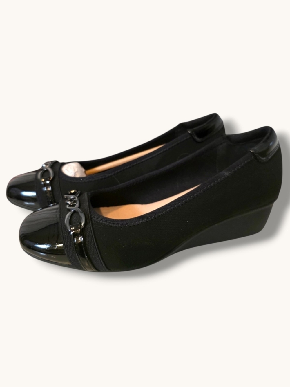 Black Wedge Ballet Flats with Patent Toe